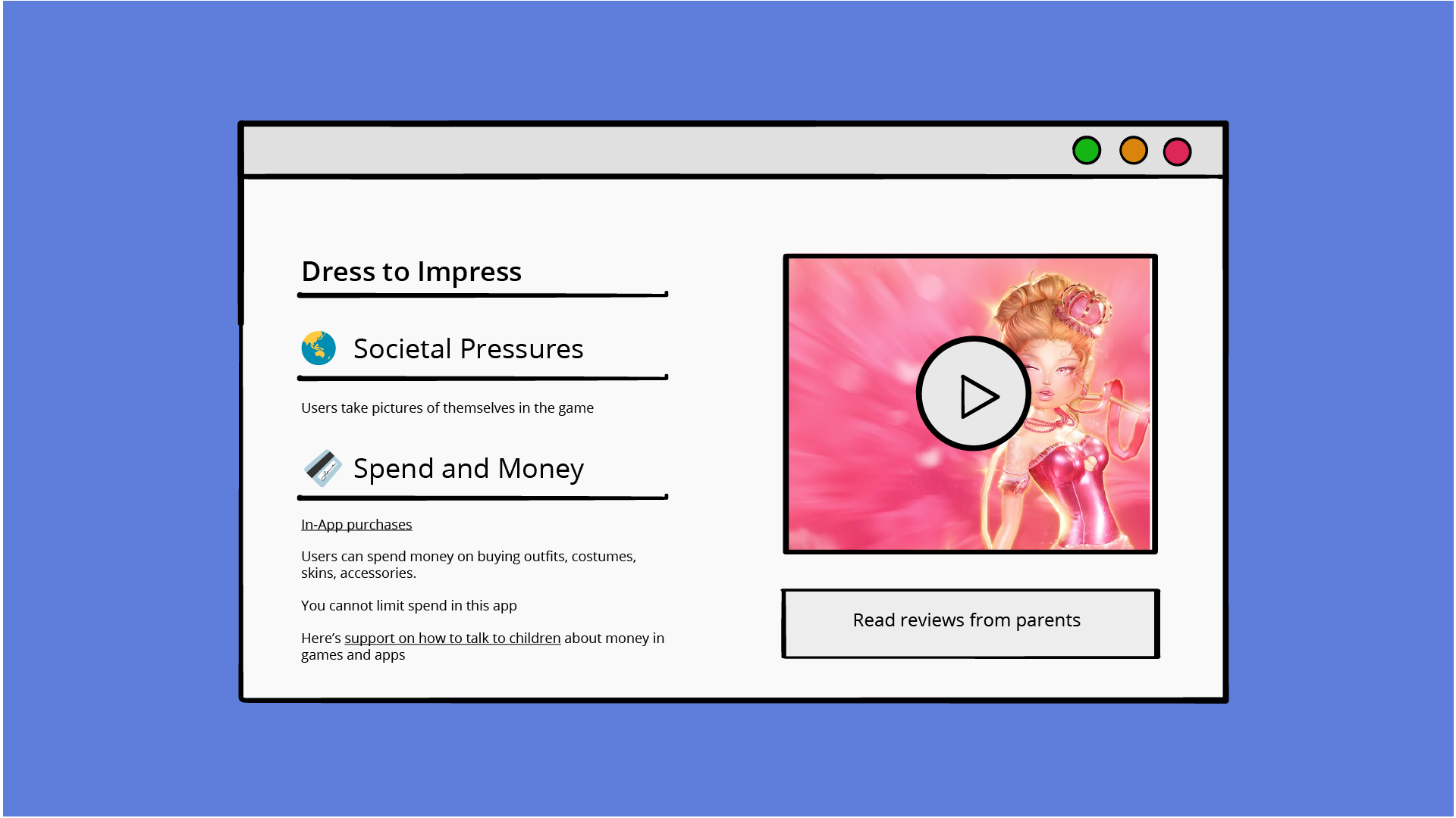 A mock web page reviewing a dress-up game called “Dress to Impress.” It highlights societal pressures (users take pictures of themselves) and spending risks (in-app purchases with no spending limits). A link offers advice on talking to children about money in games. On the right, there’s an image of a pink-dressed character and a play button, with a button below to read parent reviews.